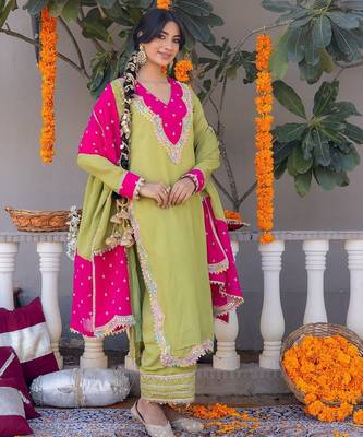 Olive pure silk plain top pant with dupatta 5