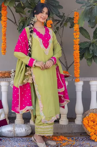 Olive pure silk plain top pant with dupatta