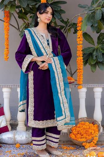 Purple velvet plain top pant with dupatta