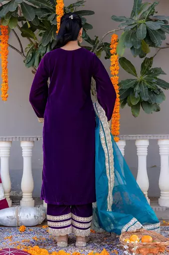 Purple velvet plain top pant with dupatta