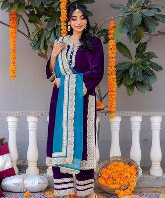 Purple velvet plain top pant with dupatta 5