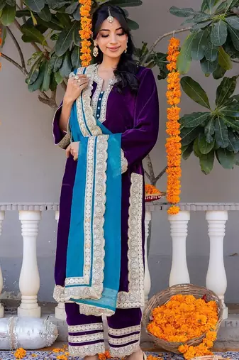 Purple velvet plain top pant with dupatta