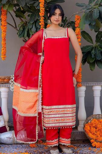 Red pure silk plain top pant with dupatta