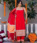 Red pure silk plain top pant with dupatta