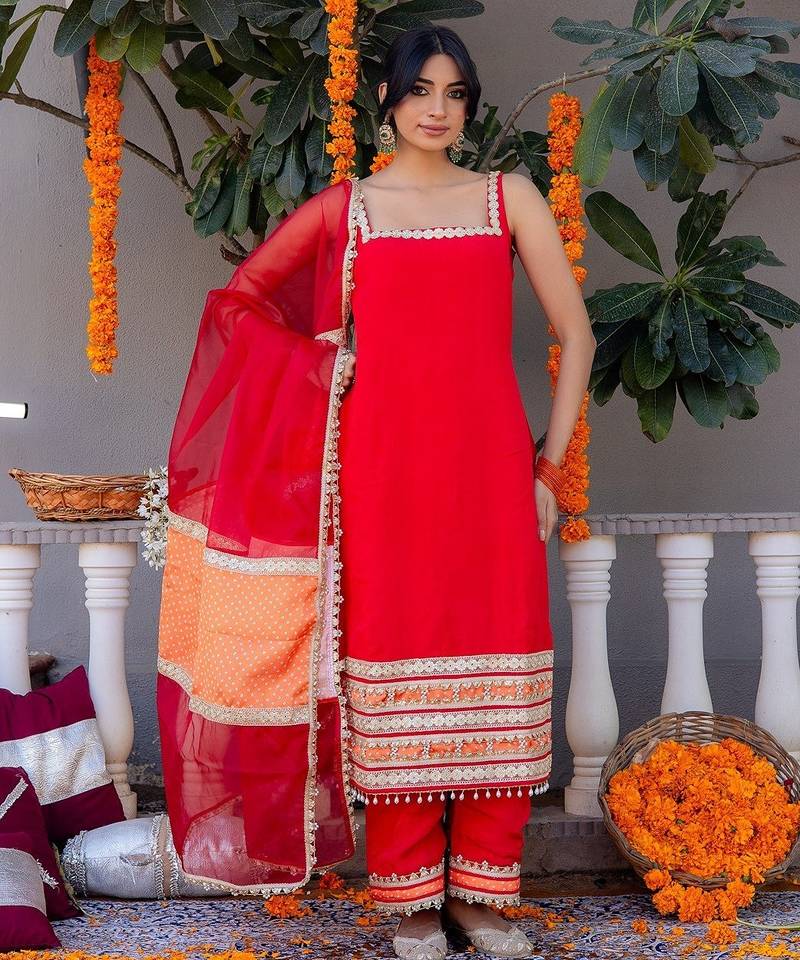 Red pure silk plain top pant with dupatta