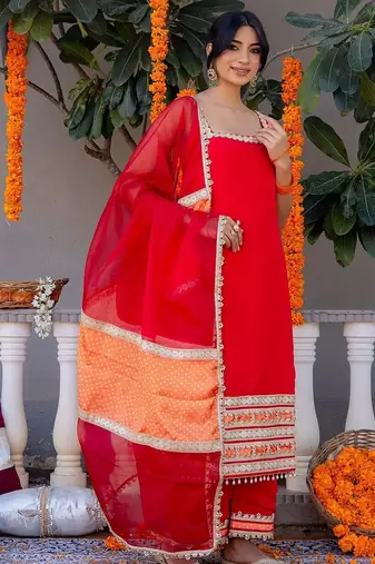 Red pure silk plain top pant with dupatta