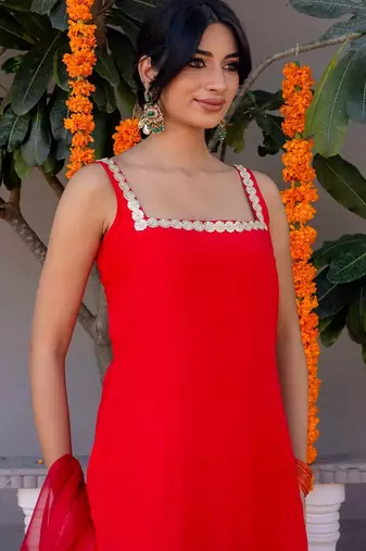 Red pure silk plain top pant with dupatta