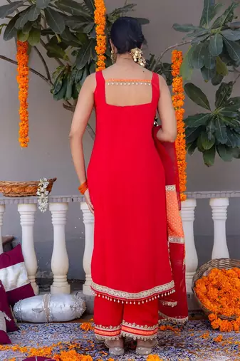 Red pure silk plain top pant with dupatta