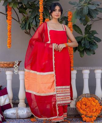 Red pure silk plain top pant with dupatta 5