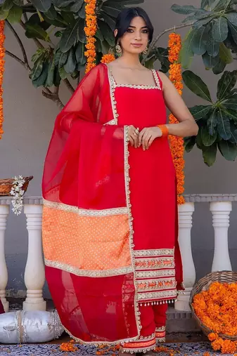 Red pure silk plain top pant with dupatta