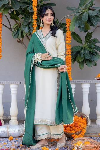 Beige pure silk plain top pant with dupatta