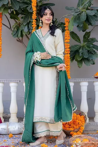 Beige pure silk plain top pant with dupatta