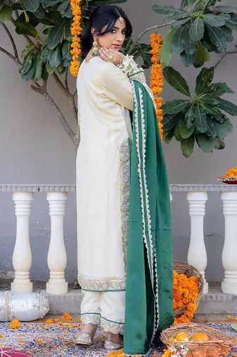Beige pure silk plain top pant with dupatta