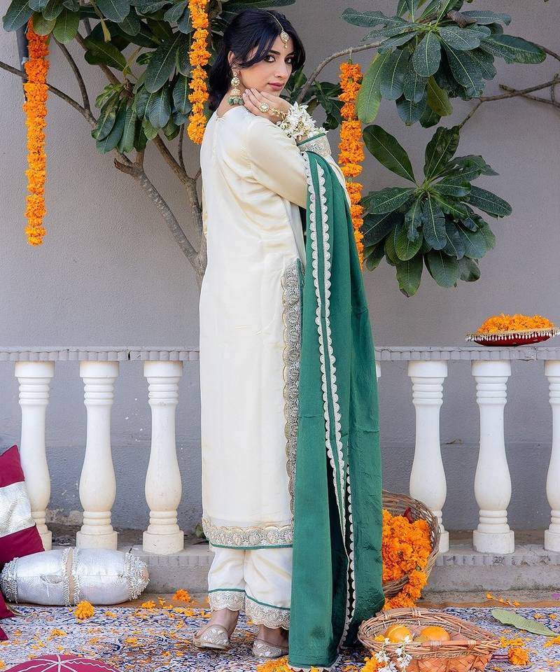 Beige pure silk plain top pant with dupatta