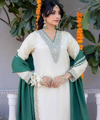 Beige pure silk plain top pant with dupatta 3