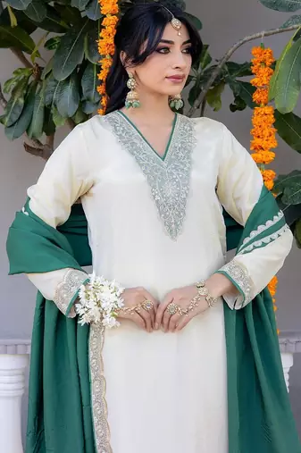 Beige pure silk plain top pant with dupatta