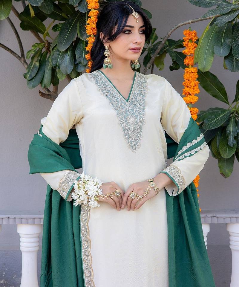 Beige pure silk plain top pant with dupatta