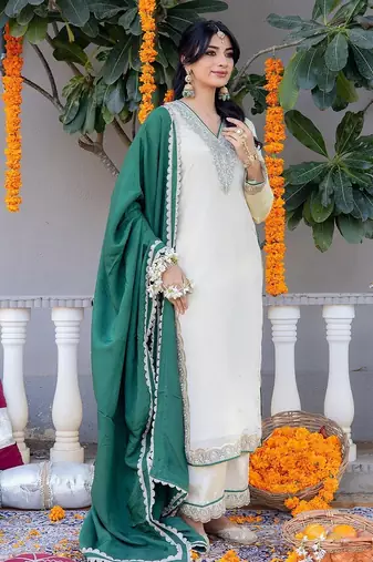 Beige pure silk plain top pant with dupatta