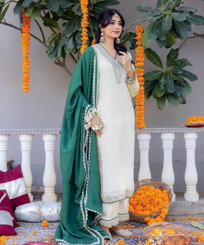 Beige pure silk plain top pant with dupatta