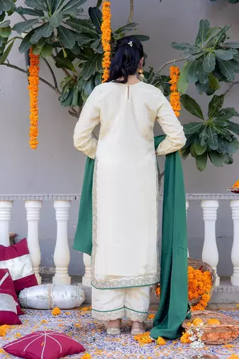 Beige pure silk plain top pant with dupatta