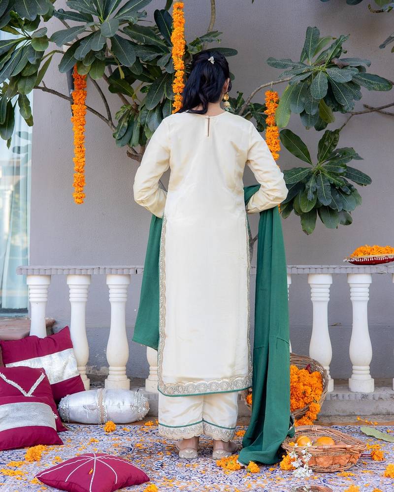 Beige pure silk plain top pant with dupatta