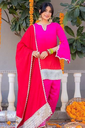 Pink pure silk plain top pant with dupatta