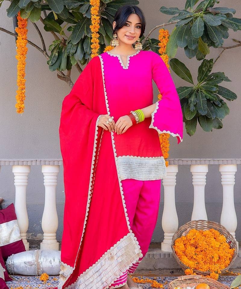 Pink pure silk plain top pant with dupatta