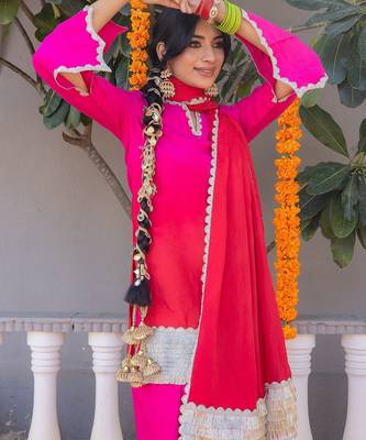 Pink pure silk plain top pant with dupatta 2