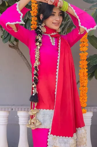 Pink pure silk plain top pant with dupatta