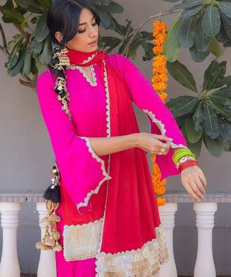 Pink pure silk plain top pant with dupatta 3