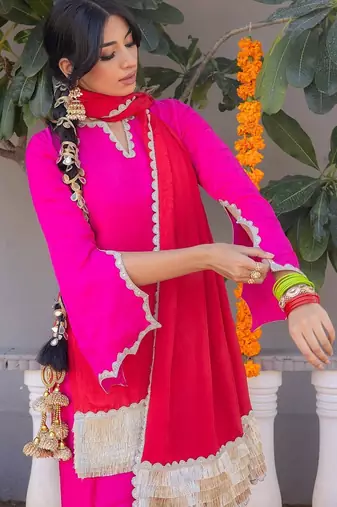 Pink pure silk plain top pant with dupatta