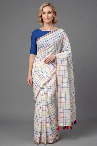 White woven linen saree with blouse piece