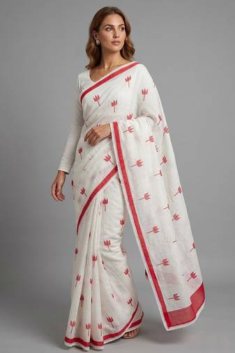 White woven linen saree with blouse piece