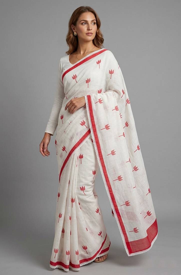 White woven linen saree with blouse piece