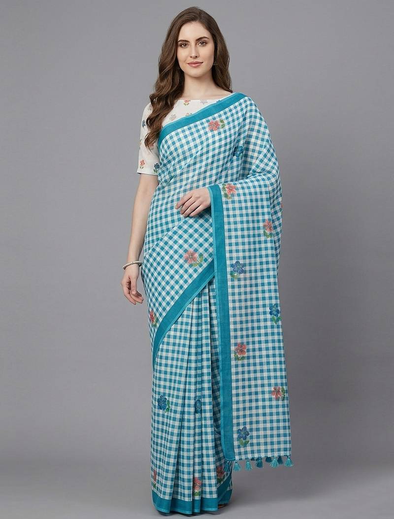 Blue woven linen saree with blouse piece
