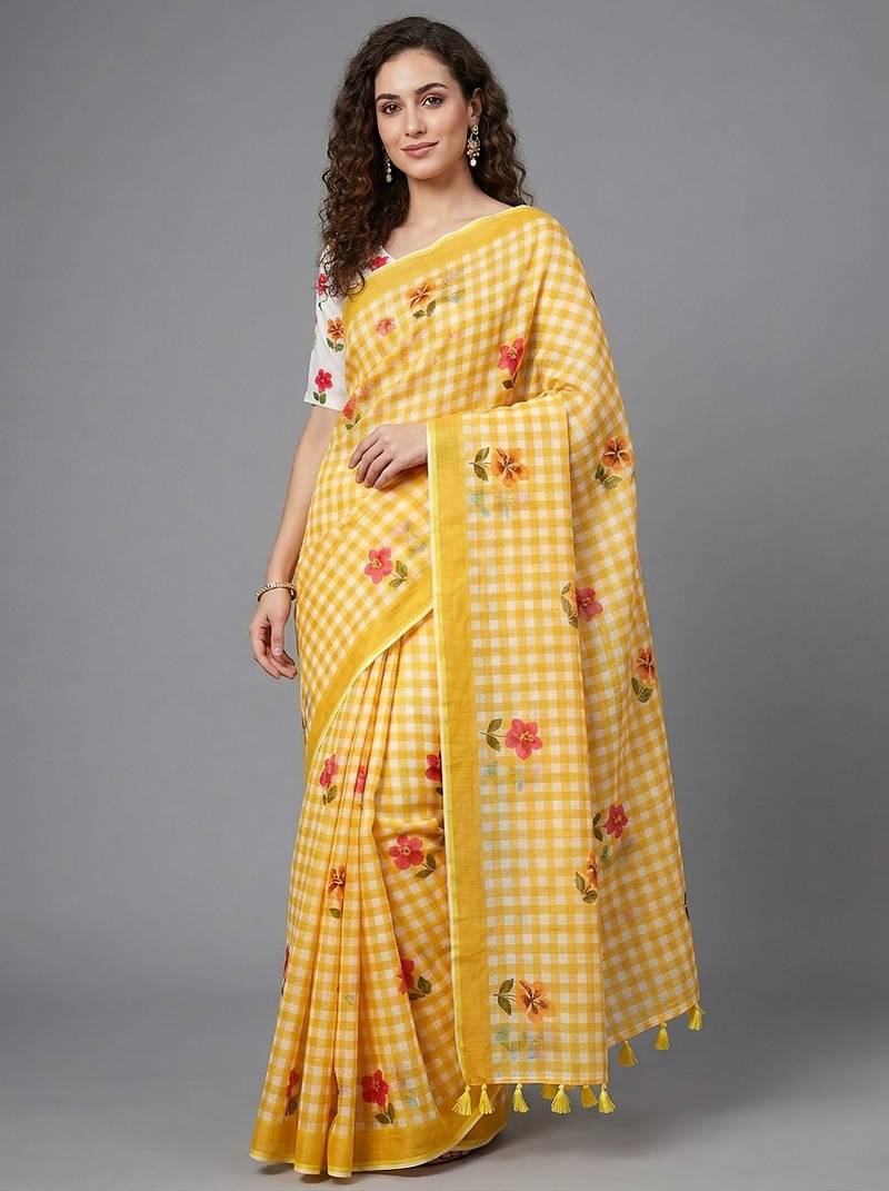 Yellow woven linen saree with blouse piece
