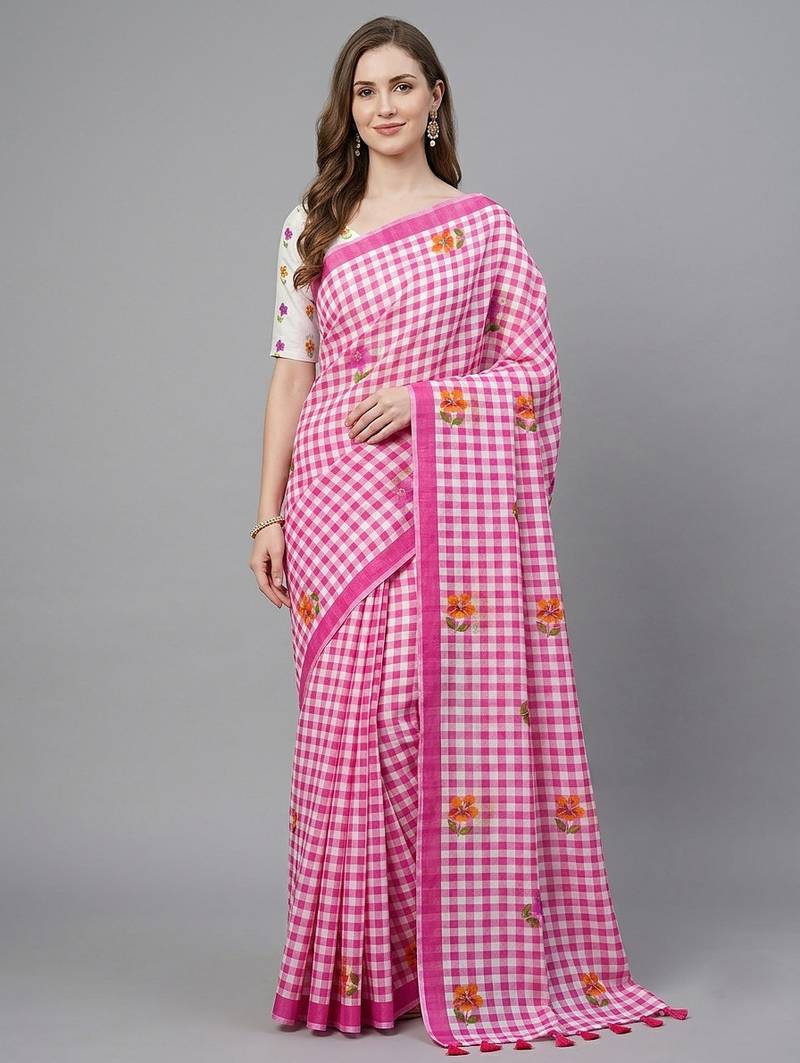 Pink woven linen saree with blouse piece