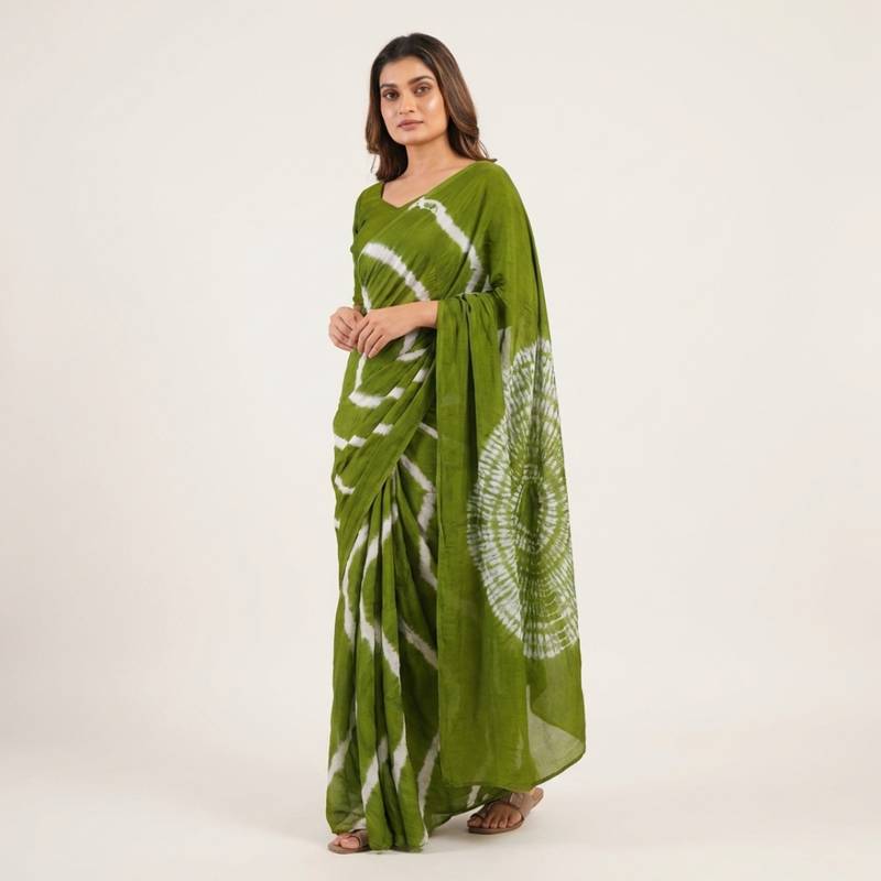 Mehendi printed art silk saree with blouse piece