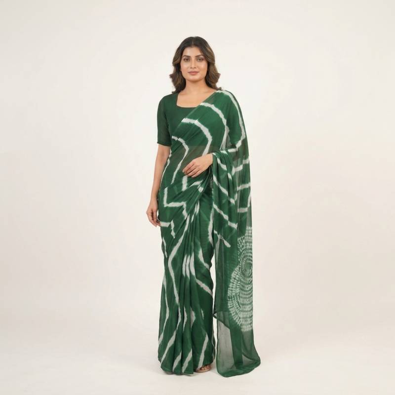 Dark green printed art silk saree with blouse piece