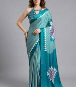 Blue printed satin saree with blouse piece