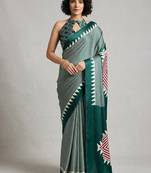 Turquoise printed satin saree with blouse piece