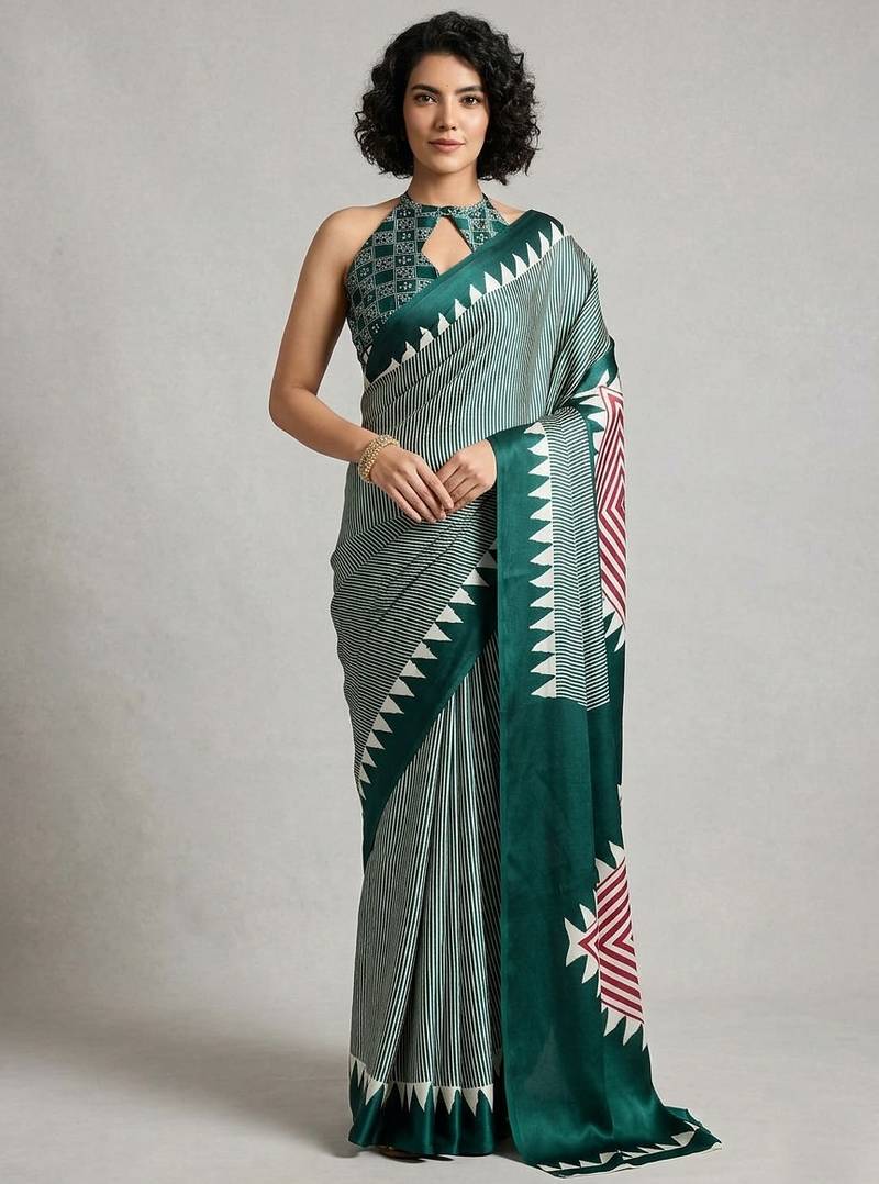 Turquoise printed satin saree with blouse piece