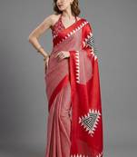 Red printed satin saree with blouse piece