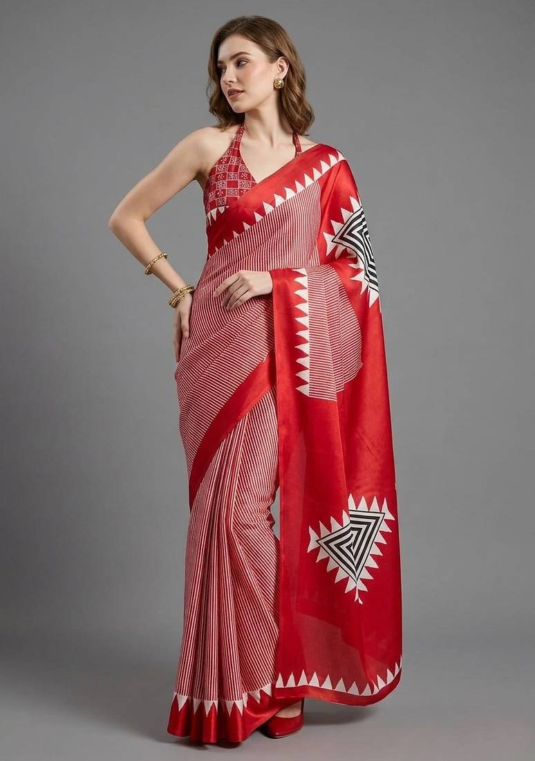 Red printed satin saree with blouse piece