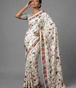White printed satin saree with blouse piece