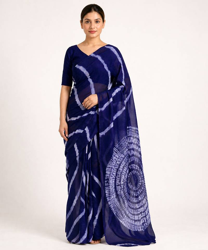 Navy blue printed art silk saree with blouse piece