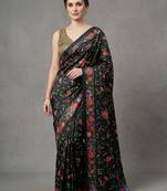 Black printed satin saree with blouse piece
