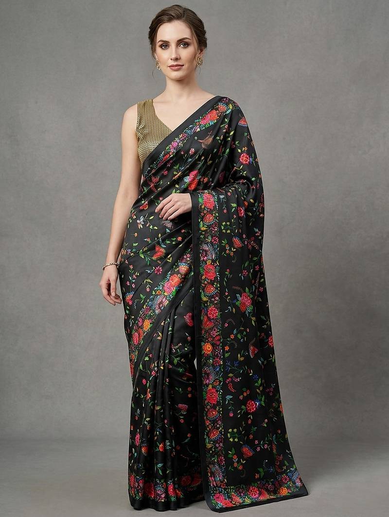 Black printed satin saree with blouse piece