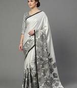 White printed satin saree with blouse piece