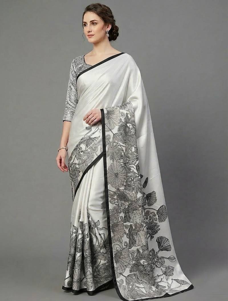 White printed satin saree with blouse piece